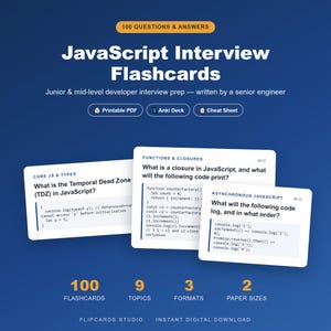 Könnte beinhalten: JavaScript-Interview-Lernkarten mit 100 Fragen und Antworten zur Entwicklervorbereitung. Enthält druckbare PDF-, Anki-Deck- und Spickzettel-Formate. Die Karten zeigen technische Themen wie Core JS, Funktionen, Closures und asynchrones JavaScript.