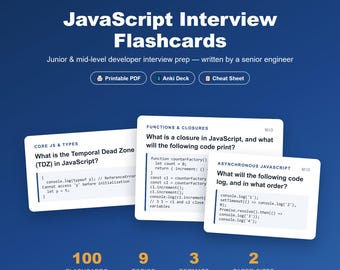 JavaScript Interview Flashcards | 100 Questions & Answers PDF + Anki Deck | Junior Mid Developer Interview Prep | Printable Study Cards