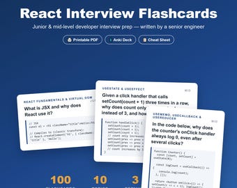 React Interview Flashcards | 100 Questions & Answers PDF + Anki Deck | Junior Mid Developer Interview Prep | Printable Study Cards