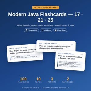 Könnte beinhalten: Ein Set digitaler Modern Java Lernkarten für die Versionen 17, 21 und 25. Die blaue Grafik zeigt 100 Fragen und Antworten zu Themen wie virtuelle Threads und Scoped Values, inklusive Optionen für druckbare PDFs, Anki-Decks und Spickzettel.