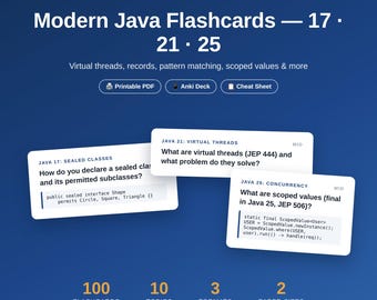 Modern Java Flashcards | Java 17 21 25 LTS Features | 100 Q&A PDF + Anki Deck | Virtual Threads Records Pattern Matching | Interview Prep