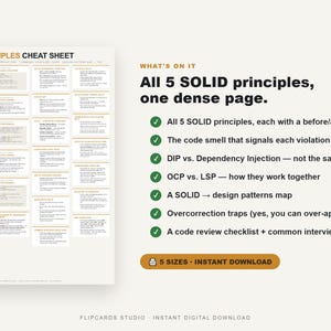 May include: A digital cheat sheet titled SOLID PRINCIPLES CHEAT SHEET featuring five software design principles with code examples. The text lists features including all five principles, refactoring examples, code smells, and a code review checklist.