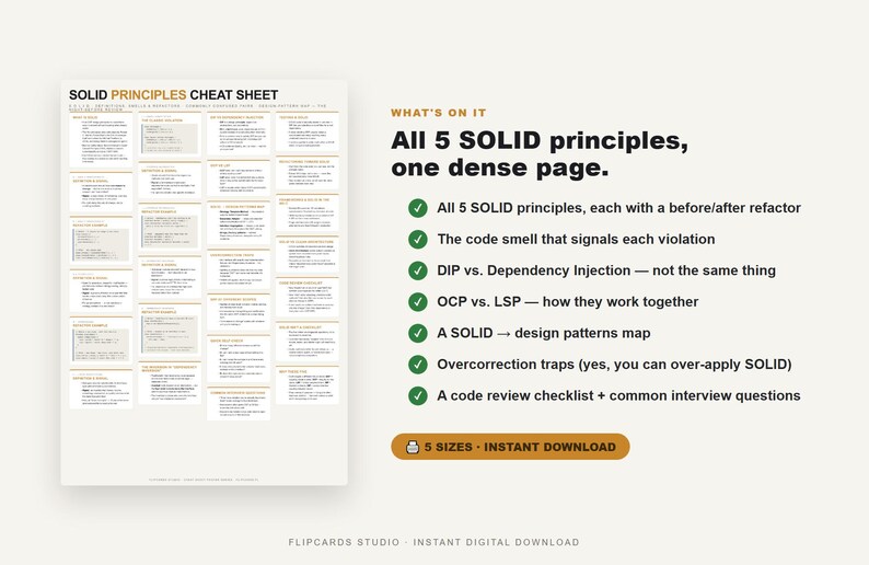May include: A digital cheat sheet titled SOLID PRINCIPLES CHEAT SHEET featuring five software design principles with code examples. The text lists features including all five principles, refactoring examples, code smells, and a code review checklist.