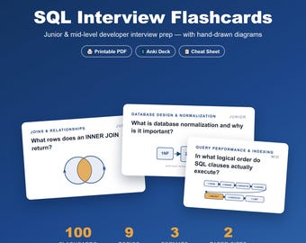SQL Interview Flashcards | 100 Questions & Answers + 12 Diagrams | PDF Anki Deck | Junior Mid Developer Interview Prep | Printable Cards