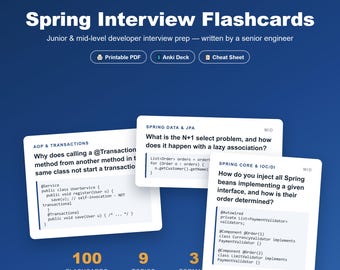 Spring Interview Flashcards | 100 Questions & Answers PDF + Anki Deck | Junior Mid Developer Interview Prep | Printable Study Cards