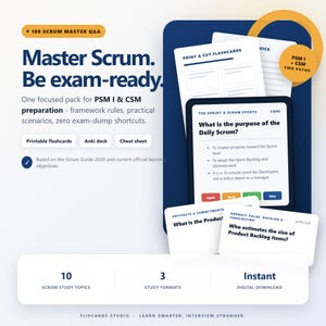 May include: A digital study resource for Scrum certification featuring white flashcards with blue text, including questions like What is the purpose of the Daily Scrum? The layout displays 100 Scrum Master Q&A, printable flashcards, Anki deck, and cheat sheet.