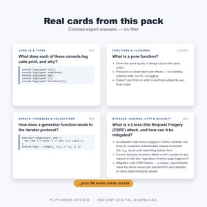 May include: A set of four white educational flashcards titled Real cards from this pack, featuring technical programming questions and code snippets about JavaScript types, functions, closures, arrays, and security protocols like CSRF, with a digital download label.