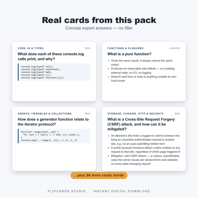 May include: A set of four white educational flashcards titled Real cards from this pack, featuring technical programming questions and code snippets about JavaScript types, functions, closures, arrays, and security protocols like CSRF, with a digital download label.