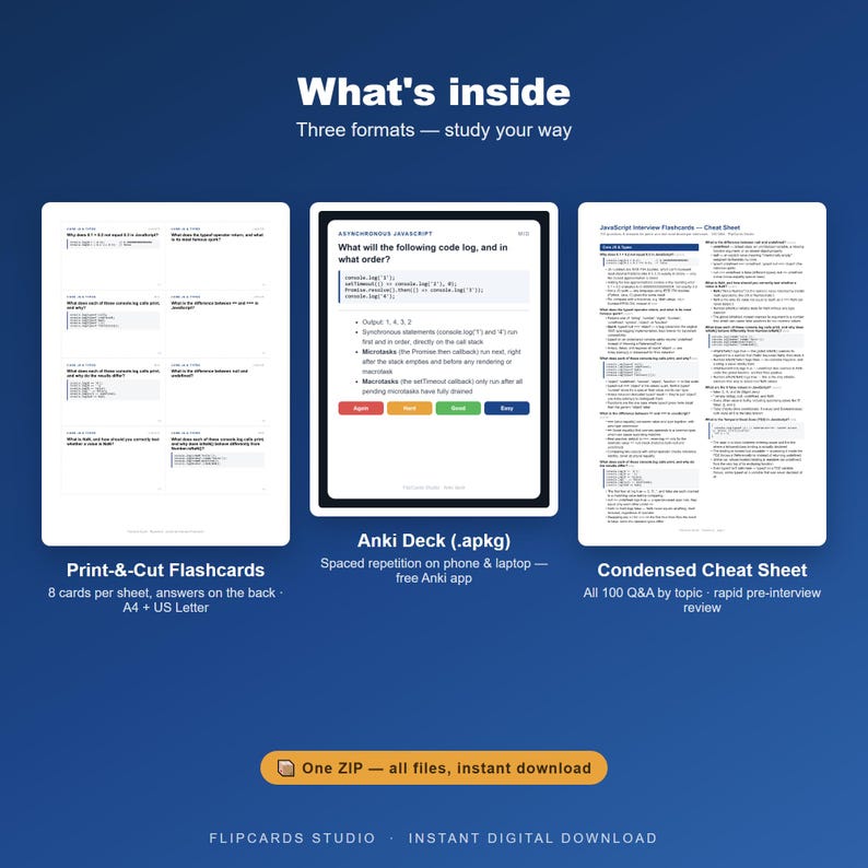 May include: A digital study resource set featuring three formats: printable flashcards with eight cards per sheet, an Anki deck file for spaced repetition, and a condensed cheat sheet for interview review, all contained in a single ZIP file.