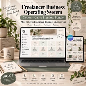 Könnte beinhalten: Ein digitales Freelancer Business Operating System mit Notion- und Canva-Vorlagen. Das Display zeigt einen Laptop und ein Tablet mit Organisations-Dashboards, Aufgabenlisten und Projektmanagement-Tools für die geschäftliche Planung.