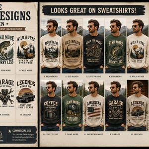 10 Vintage Sweatshirt Designs for Men PNG Bundle | Retro Outdoor & Garage Graphics | Sublimation PNG | Digital Download