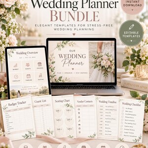Könnte beinhalten: Ein digitales Hochzeitsplaner-Paket mit Laptop und Tablet, die Vorlagen anzeigen. Gedruckte Blätter umfassen ein Budget-Tracking, eine Gästeliste, einen Sitzplan, Lieferantenkontakte, einen Zeitplan und eine Checkliste.