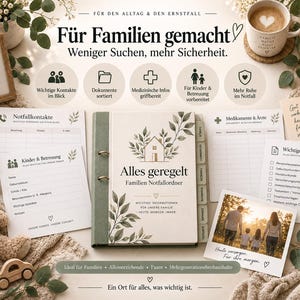 May include: A family emergency binder titled Alles geregelt with a house and leaf illustration, surrounded by printed forms for emergency contacts, medical info, and documents, a teddy bear, a coffee mug, and a photo of a family walking.