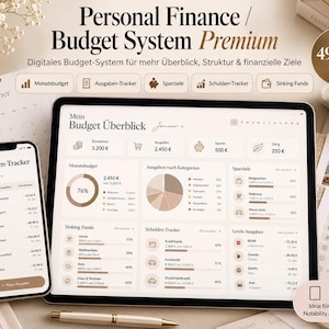 Könnte beinhalten: Ein digitales Finanz- und Budgetsystem auf einem Tablet und Smartphone mit einem Dashboard, das Diagramme, Ausgaben-Tracker, Sparziele und Schulden-Tracker anzeigt. Die Benutzeroberfläche enthält Texte wie Personal Finance, Budget System und Ausgaben-Tracker.