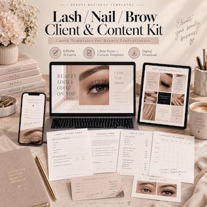 Könnte beinhalten: Ein digitales Marketing-Kit für Beauty-Profis mit Laptop, Tablet und Smartphone, die Vorlagen für Wimpern-, Nagel- und Augenbrauendienstleistungen anzeigen, ergänzt durch gedruckte Kundenformulare, Preislisten und Inhaltsplaner.