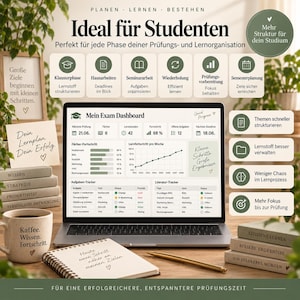 Könnte beinhalten: Ein Laptop zeigt ein digitales Prüfungs-Dashboard mit Fortschrittsgrafiken, Aufgaben- und Literatur-Trackern. Ergänzt durch eine Tasse mit deutschem Text, ein Notizbuch, gestapelte Bücher und Infografiken mit deutschen Beschriftungen.