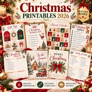 Könnte beinhalten: Eine Sammlung von druckbaren Vorlagen für Weihnachten 2026, darunter eine Wunschliste, ein Adventskalender, Geschenkanhänger, Spiele, ein Planer und eine Checkliste. Mit festlichen Illustrationen von Bäumen und Schleifen.