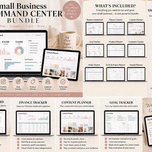 Könnte beinhalten: Ein digitales Small Business Command Center Bundle mit Business-Dashboard, Finanz-Tracker, Content-Planer, Ziel-Tracker, Produktplaner, Kunden-Tracker und Aufgabenlisten, dargestellt auf mehreren Laptop- und Smartphone-Bildschirmen.