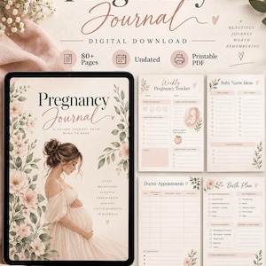 Könnte beinhalten: Ein digitaler Schwangerschaftsplaner zum Herunterladen mit einem Tablet, das ein Cover mit einer schwangeren Person und Blumenmotiven zeigt, sowie druckbare Seiten für wöchentliche Tracker, Namensideen und Arzttermine.