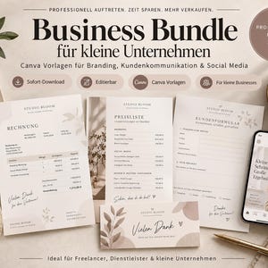 Könnte beinhalten: Ein Business-Bundle für kleine Unternehmen mit Canva-Vorlagen für Branding, Kundenkommunikation und Social Media. Das Set enthält gedruckte Rechnungen, Preislisten, Kundenformulare und Dankeskarten, präsentiert mit einem Smartphone und einem Stift.