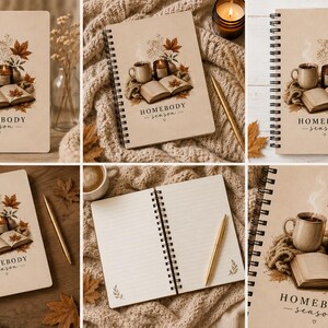 Könnte beinhalten: Ein spiralgebundenes Notizbuch mit beigem Einband, das eine Illustration einer dampfenden Tasse, einer brennenden Kerze, eines offenen Buches und Herbstblättern zeigt. Der Text "HOMEBODY season" steht unter dem Bild. Die Innenseiten sind liniert.
