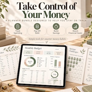 Könnte beinhalten: Ein digitales Planer-Set mit einem Tablet, das ein monatliches Budget-Dashboard mit Diagrammen und Tabellen anzeigt, ergänzt durch gedruckte Blätter zur Rechnungsverfolgung, Spar-Challenges und zur Tilgung von Schulden mit Blattmotiven.