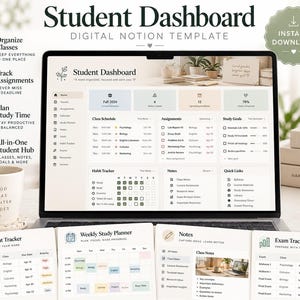 Könnte beinhalten: Eine digitale Notion-Vorlage für Studierende auf einem Laptop-Bildschirm, die ein Dashboard mit Bereichen für Stundenpläne, Aufgaben, Lernziele und Gewohnheitsverfolgung sowie ausgedruckte Planerseiten zeigt.