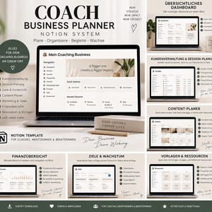 Peut inclure: Un système de planification d'entreprise Notion pour coachs, présenté sur un ordinateur portable affichant un tableau de bord avec navigation, actions rapides et indicateurs. Inclut la gestion client, le contenu, les finances et objectifs.