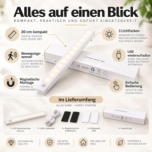 Pode incluir: Uma barra de luz LED branca retangular com sensor de movimento de 20 cm de comprimento. O conjunto inclui um cabo de carregamento USB, duas placas magnéticas metálicas, duas almofadas adesivas e uma caixa branca com LED Motion Sensor Light.