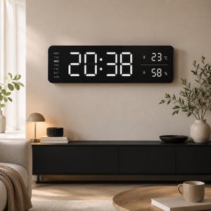 Könnte beinhalten: Eine rechteckige, schwarze digitale Wanduhr mit einer großen weißen LED-Anzeige, die die Uhrzeit 20:38, den Wochentag WED, eine Temperatur von 23 Grad Celsius und eine Luftfeuchtigkeit von 58 Prozent in einem schlanken, horizontalen Design zeigt.