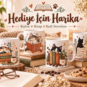 Könnte beinhalten: Vier weiße Keramiktassen mit Illustrationen von Katzen, Büchern und Kaffee. Die Tassen zeigen Texte wie Good Coffee, Good Books, Happy Cat, Coffee Books Cats Make a Happier Me sowie More Coffee, More Books, More Cats, A Happier Life.
