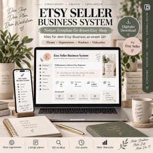 Könnte beinhalten: Eine digitale Notion-Vorlage für Etsy-Verkäufer auf einem Laptop- und Smartphone-Bildschirm. Die Benutzeroberfläche bietet Tools zur Geschäftsplanung, Dashboards und Organisationsbereiche. Enthält ein Notizbuch, einen Stift und eine Tasse.