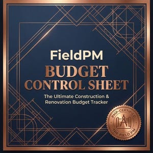 Könnte beinhalten: Eine dunkelblaue quadratische Grafik mit kupferfarbenem Rand und geometrischen Linienmustern. Der Text lautet FieldPM BUDGET CONTROL SHEET The Ultimate Construction & Renovation Budget Tracker, mit einem kupfernen PMP-CERTIFIED THE FIELD PM Siegel.