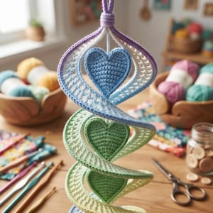Puede incluir: Un adorno en espiral de ganchillo para colgar que presenta tres corazones rellenos en tonos azules y verdes. La estructura en espiral transita desde una parte superior violeta claro hacia secciones azules y verdes, con un patrón de punto texturizado.