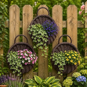 Puede incluir: Tres cestas de pared redondas de mimbre trenzado marrón oscuro utilizadas como maceteros, cada una con un asa resistente. Las cestas están llenas de hiedra verde colgante y flores vibrantes en tonos morados, rosas y amarillos, sobre una valla.