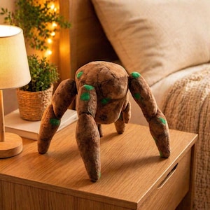 May include: A plush toy shaped like a rock creature with a brown, cracked, stone-like texture and small, bright green patches scattered across its rounded body and four long, sturdy limbs that support its weight on a wooden surface.