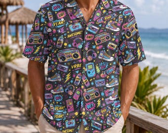 90s Retro Hawaiian Shirt, Neon Boombox Cassette & Gaming Pattern, Vintage Style Button Up, Throwback Party Vacation Outfit