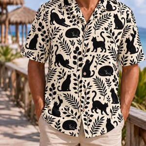 Black Cat Botanical Hawaiian Shirt, Cream Aloha Shirt, Cute Cat Pattern Button Down, Summer Vacation Beach Outfit, Unique Cat Lover Gift