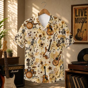 Vintage Music Skeleton Hawaiian Shirt, Guitar Drum Notes All Over Print, Retro Rock Shirt, Music Lover Gift, Unisex Summer Button Up
