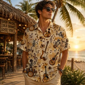 Skeleton Music Hawaiian Shirt, Guitar & Drum Tropical Button Up, Music Lover Vacation Shirt, Spooky Band Party Outfit