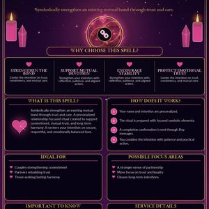 May include: A dark purple informational graphic titled LOVE BINDING SPELL with pink candle and crystal icons. It outlines ritual intentions, including strengthening bonds, supporting devotion, and protecting trust, with sections on how it works and service details.