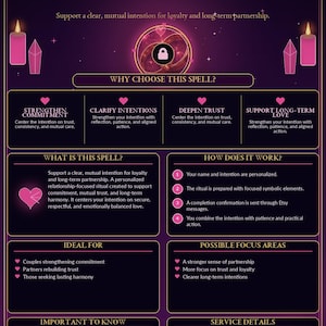 Peut inclure: Un graphique informatif violet intitulé Commitment Spell avec du texte détaillant un service rituel. Il présente des icônes de bougies roses, des symboles de cœur et un emblème circulaire central avec une icône de cadenas. La mise en page comprend des sections pour les avantages, les étapes et les détails.