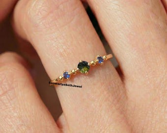Raw Moldavite and Blue Sapphire Ring, 925 Sterling Silver, Dainty Moldavite, Healing Gemstone Ring, Christmas Gift, Jewelry Gift For Her