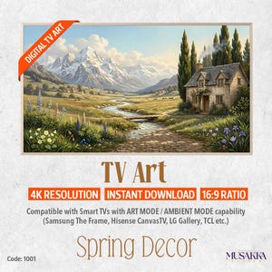 Peut inclure: Art numérique pour téléviseur représentant un paysage avec un cottage en pierre, une cheminée fumante, un ruisseau et des montagnes enneigées. Le texte indique DIGITAL TV ART, TV ART, 4K RESOLUTION, INSTANT DOWNLOAD, 16:9 RATIO et Spring Decor.