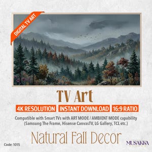 Op de afbeelding: Digitale tv-kunst met een landschap van mistige bergen en een dicht bos met herfstkleurige bomen onder een bewolkte lucht. De tekst bevat: DIGITAL TV ART, TV Art, 4K RESOLUTION, INSTANT DOWNLOAD, 16:9 RATIO, Natural Fall Decor.