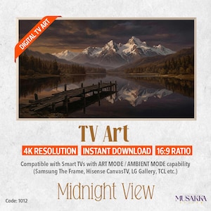 Midnight Pier Lake, Moody Mountain Snow 4K TV-bildkonst (digital nedladdning) - Kod 1012