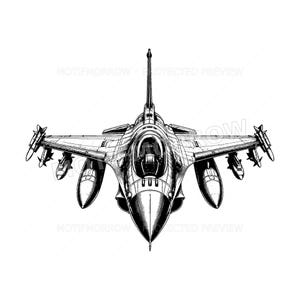 Puede incluir: Una ilustración en blanco y negro de un avión de combate visto desde el frente. La aeronave presenta una nariz puntiaguda, una cabina central, alas en flecha con misiles montados y tanques de combustible externos. El texto MOTIFMORROW es visible.