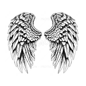 Puede incluir: Una ilustración de arte lineal en blanco y negro de un par de alas de ángel simétricas. El dibujo presenta plumas detalladas y superpuestas con contornos nítidos y sombreado, extendiéndose hacia arriba y hacia afuera en posición abierta.