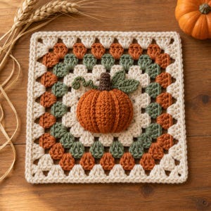 May include: A square crochet granny square featuring a three-dimensional orange pumpkin with a brown stem and green leaves at the center. The square is composed of concentric rounds in cream, sage green, and burnt orange yarn colors.