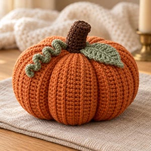 May include: A round, orange crocheted pumpkin featuring a dark brown stem, a single sage green crocheted leaf, and a sage green curly tendril. The pumpkin has a ribbed texture created by the crochet stitches, giving it a segmented appearance.
